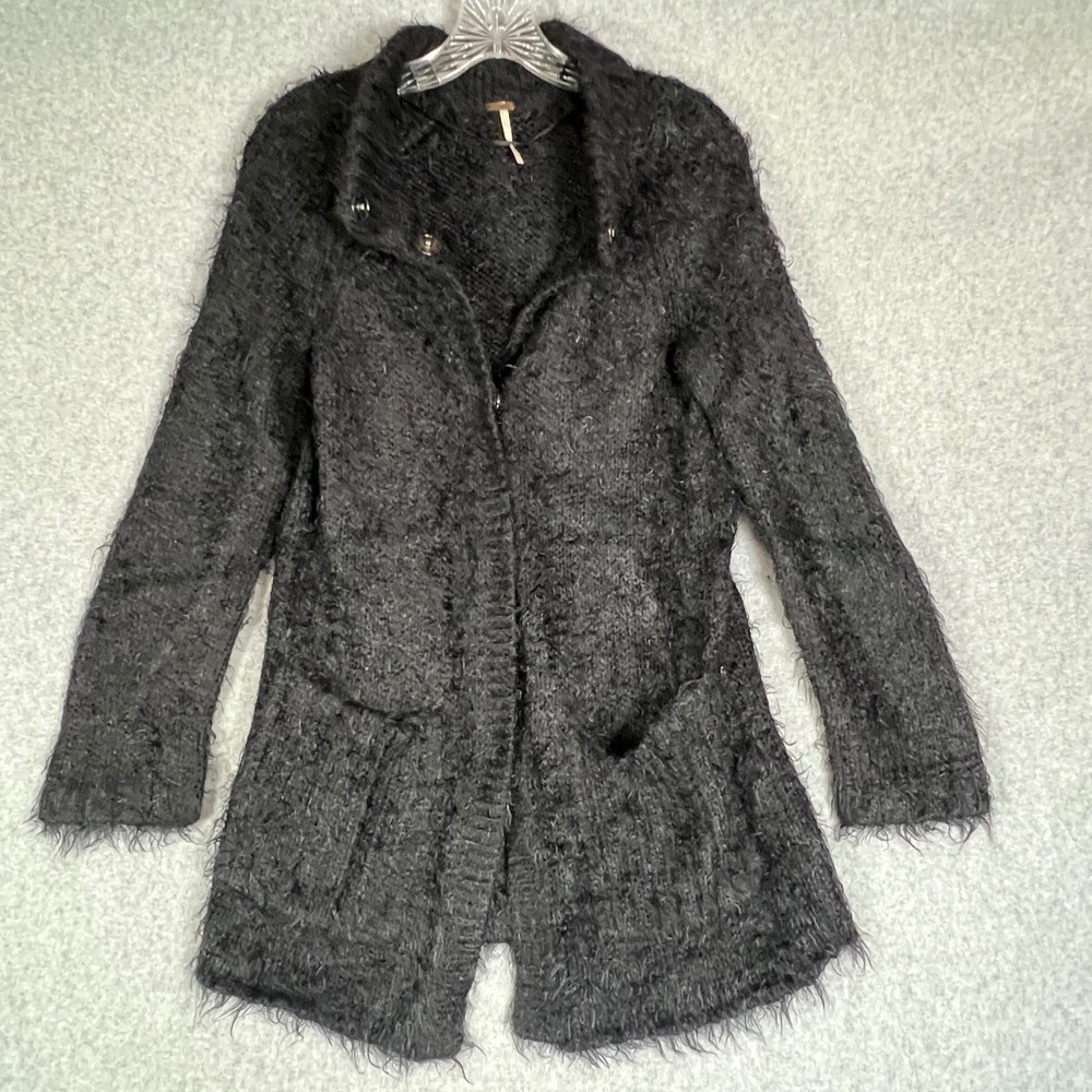 Free People XS Shaggy Jacket Black Fuzzy Knit Cardigan Sweater Pockets Grunge